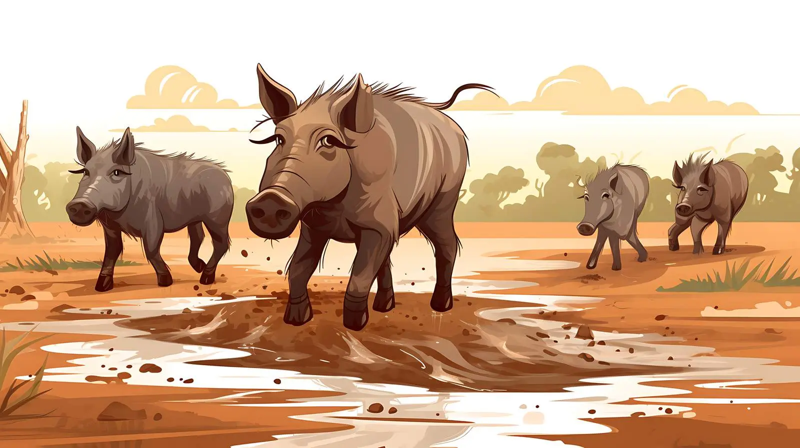 Wildlife Mud Bath Scene Illustration — free download from Dotvec
