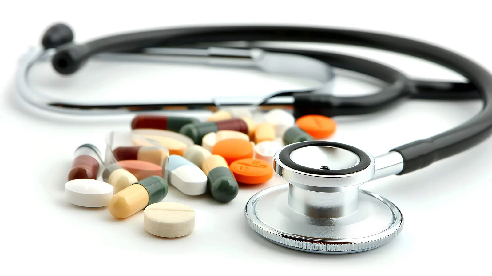 Pills and Stethoscope on White Background — free download from Dotvec