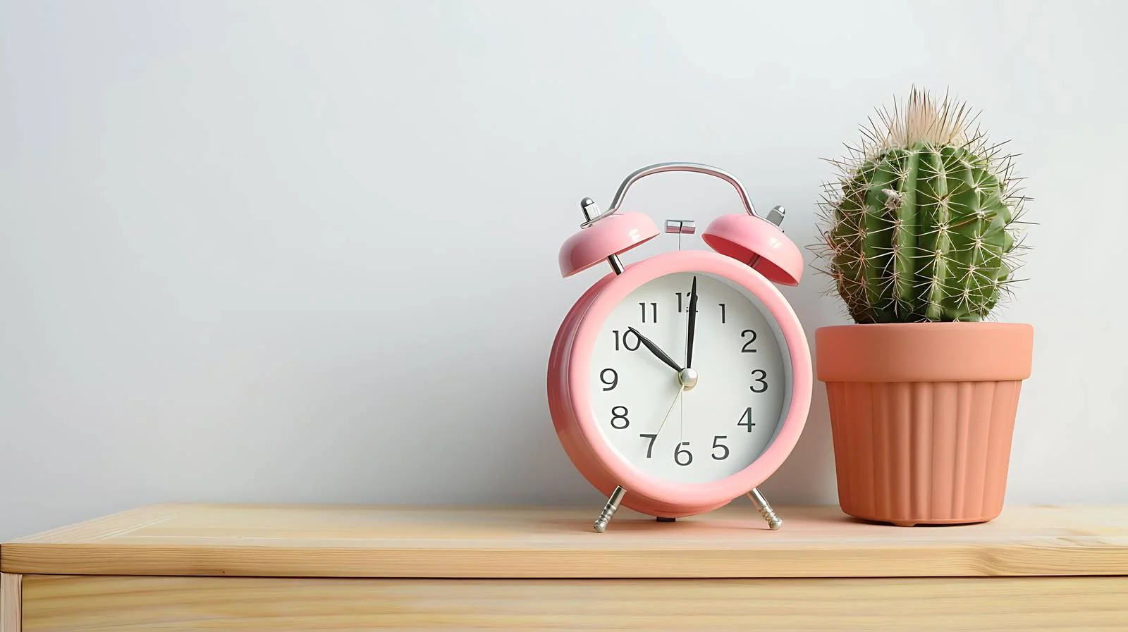 Pink Alarm Clock on Wooden Desk — free download from Dotvec