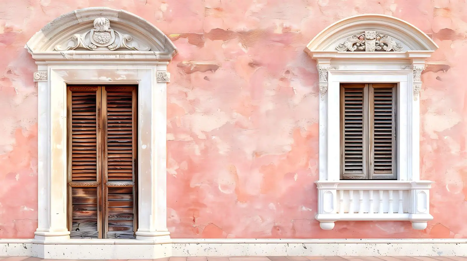 Pink Coral Facade with Wooden Window – free architectural detail image from Dotvec