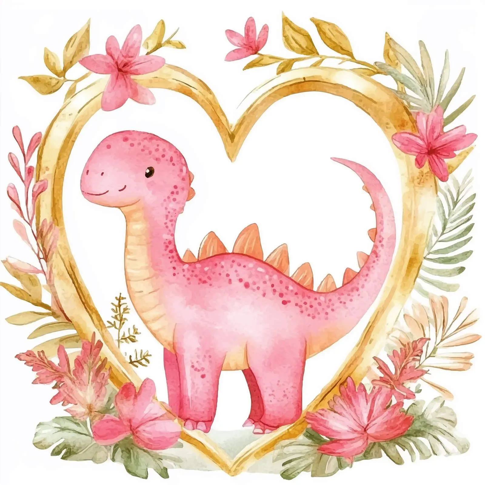 Watercolor Pink Dinosaurs with Floral Heart Frame — free download from Dotvec