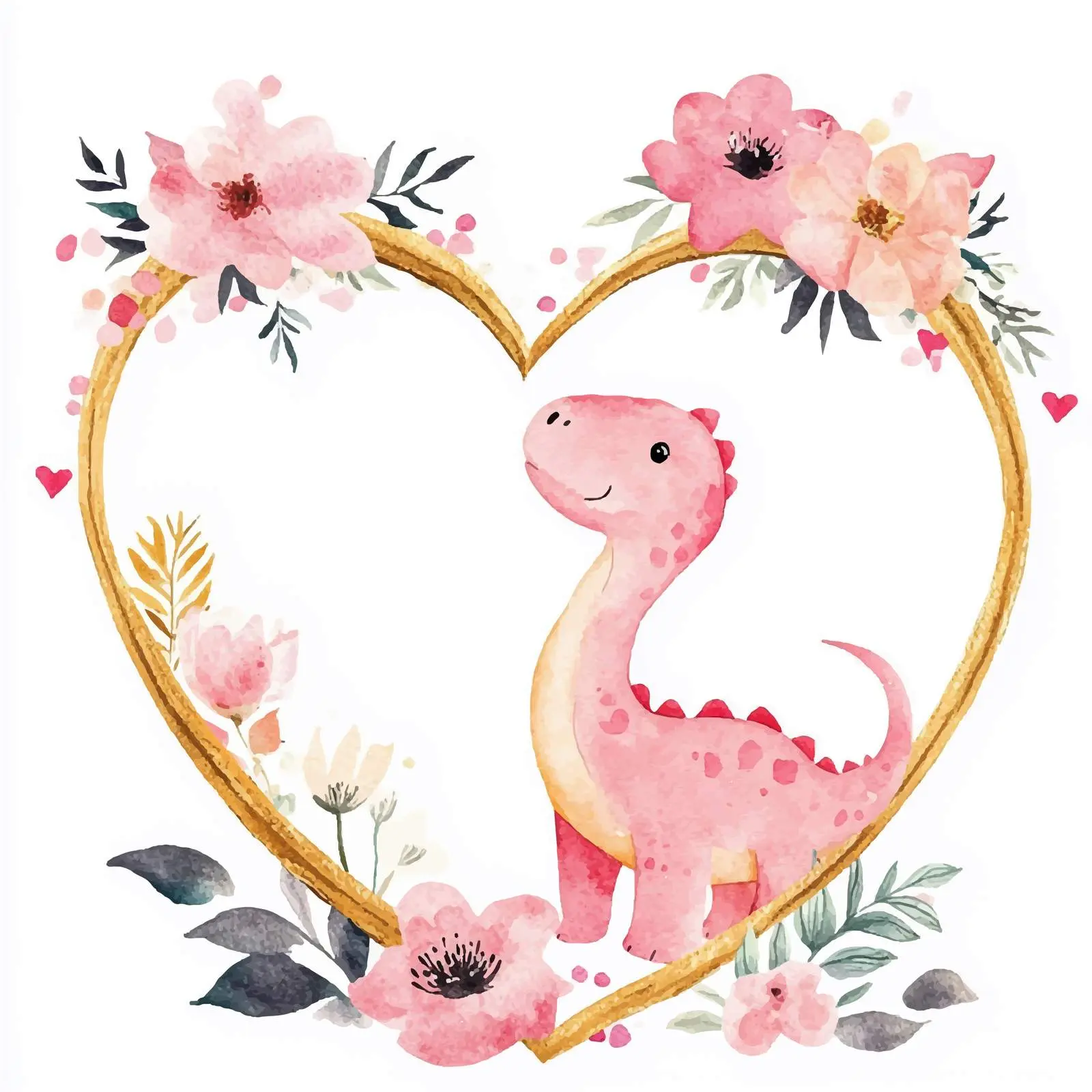 Watercolor Pink Dinosaurs in Heart Shaped Frame – free pink dinosaur image from Dotvec