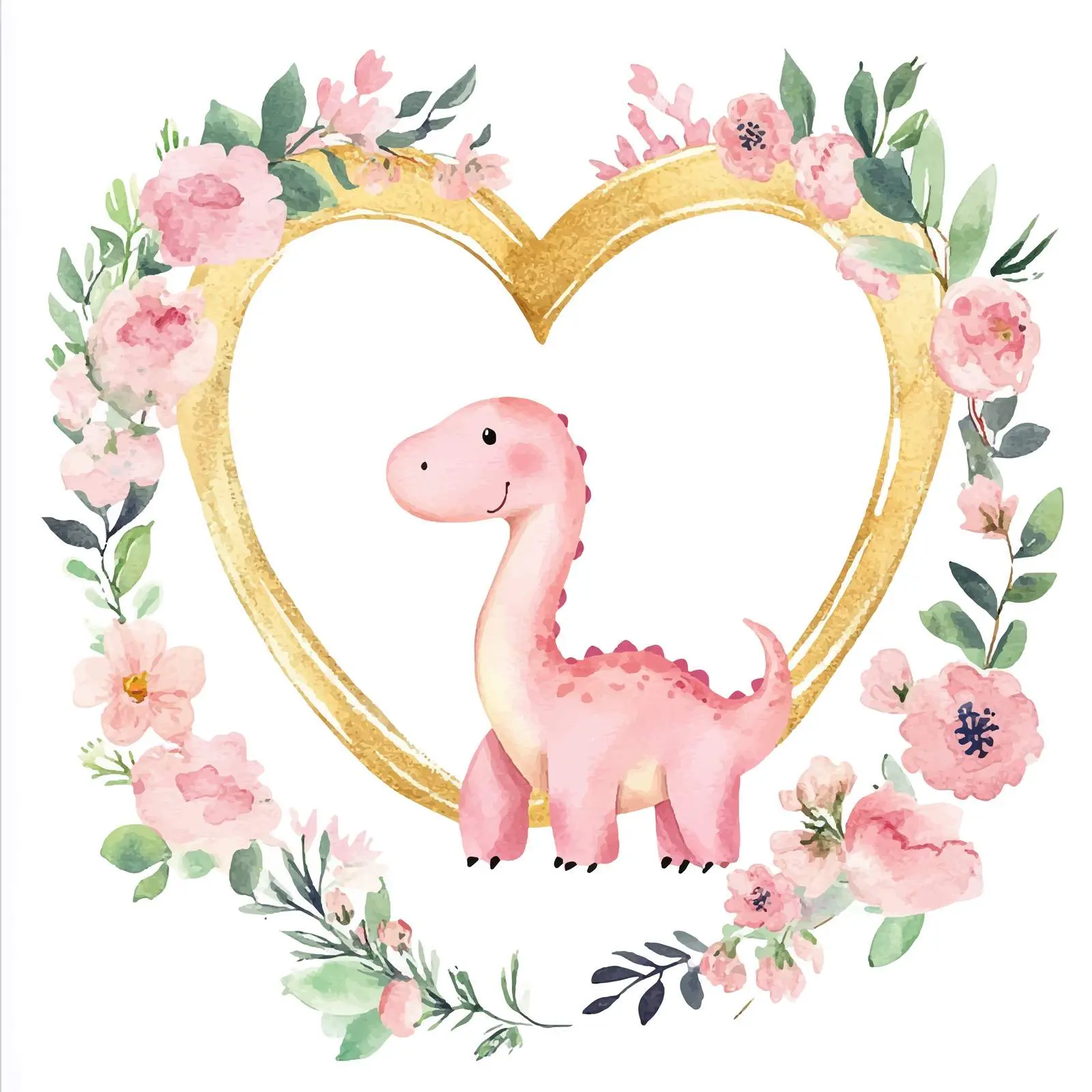 Pink Dinosaurs in Heart Frame with Flowers – free pink dinosaur image from Dotvec