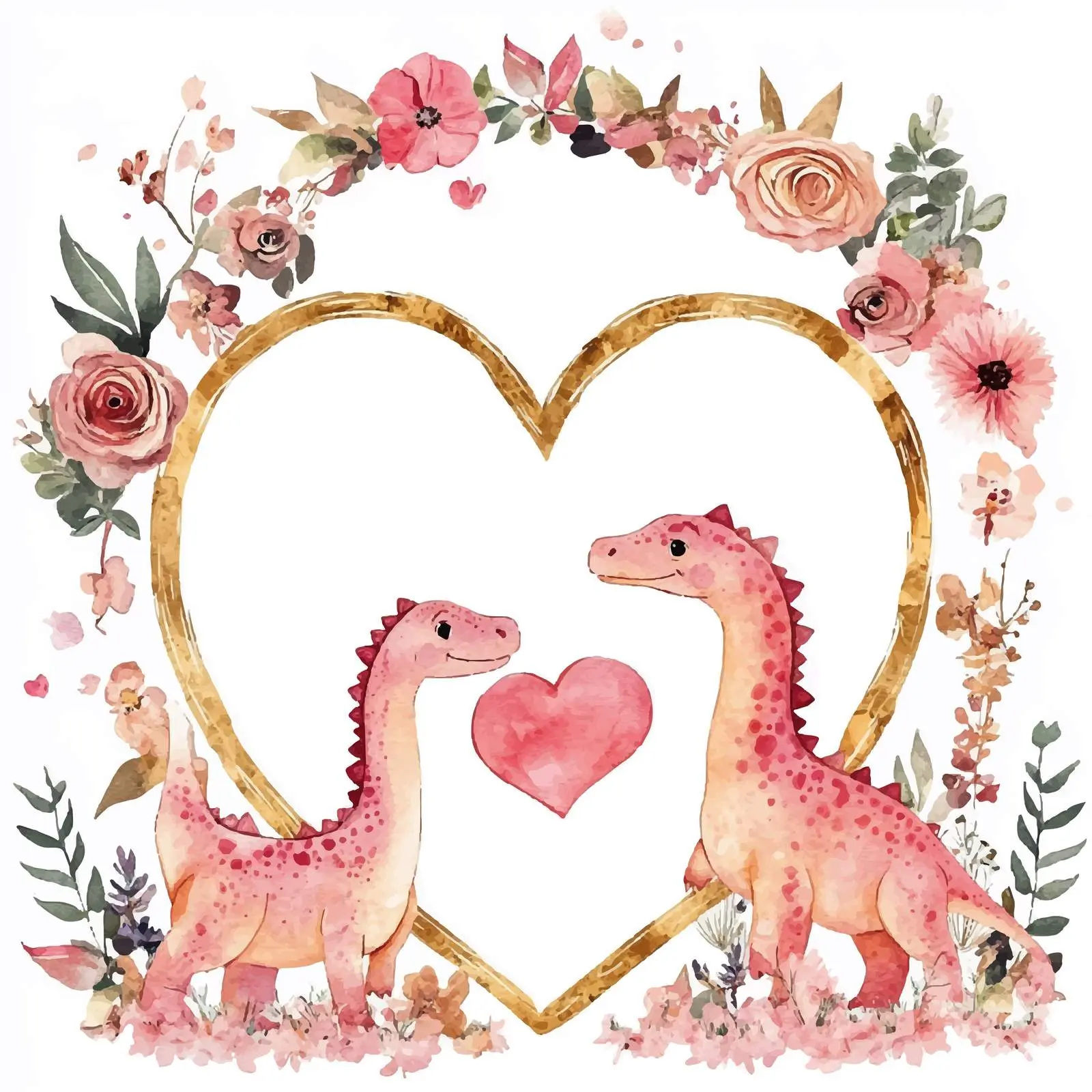 Pink Dinosaurs in Gold Heart Frame with Flowers – free pink dinosaur image from Dotvec