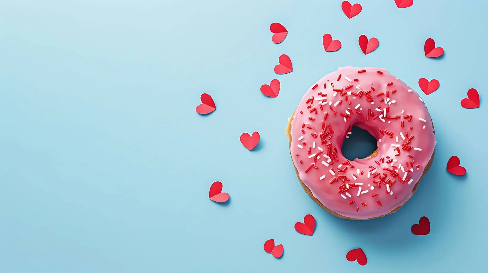 Pink Donut with Red Hearts on Blue Background — free download from Dotvec