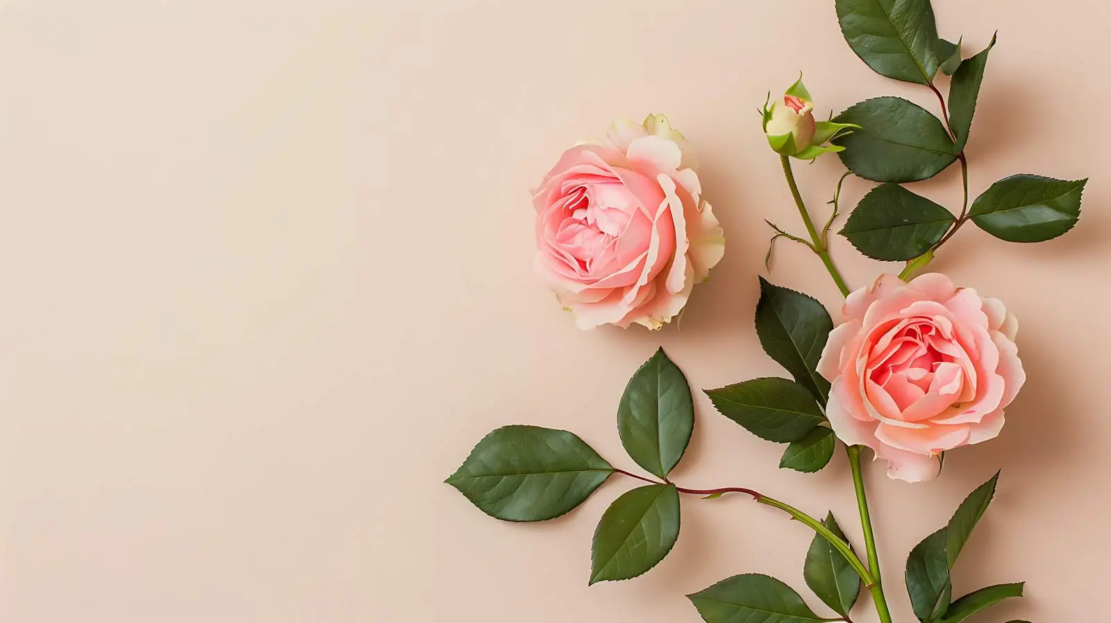 Pink Roses Branch with Leaves on Beige Wall — free download from Dotvec