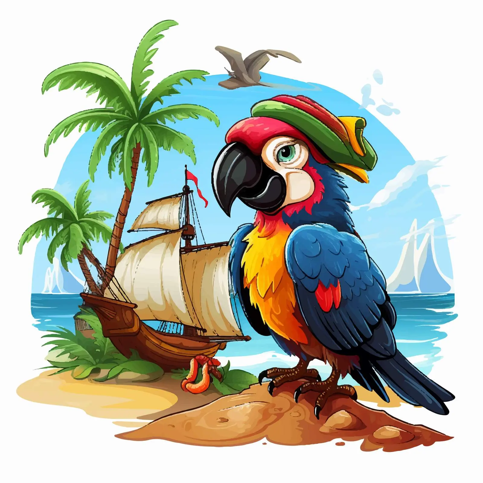 Pirate and Parrot Beach Illustration Vector Art — free download from Dotvec