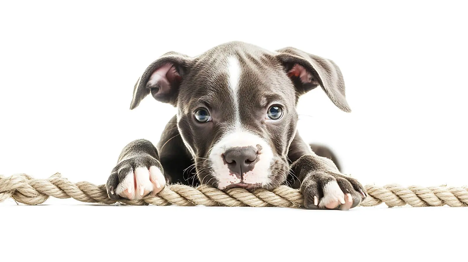 Playful Pit Bull Puppy with Rope on White Background – free energetic image from Dotvec