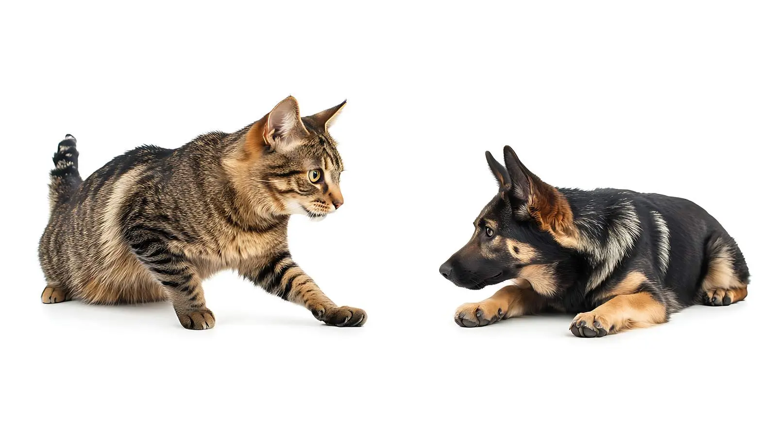 Playful Cat with German Shepherd on White Background — free download from Dotvec