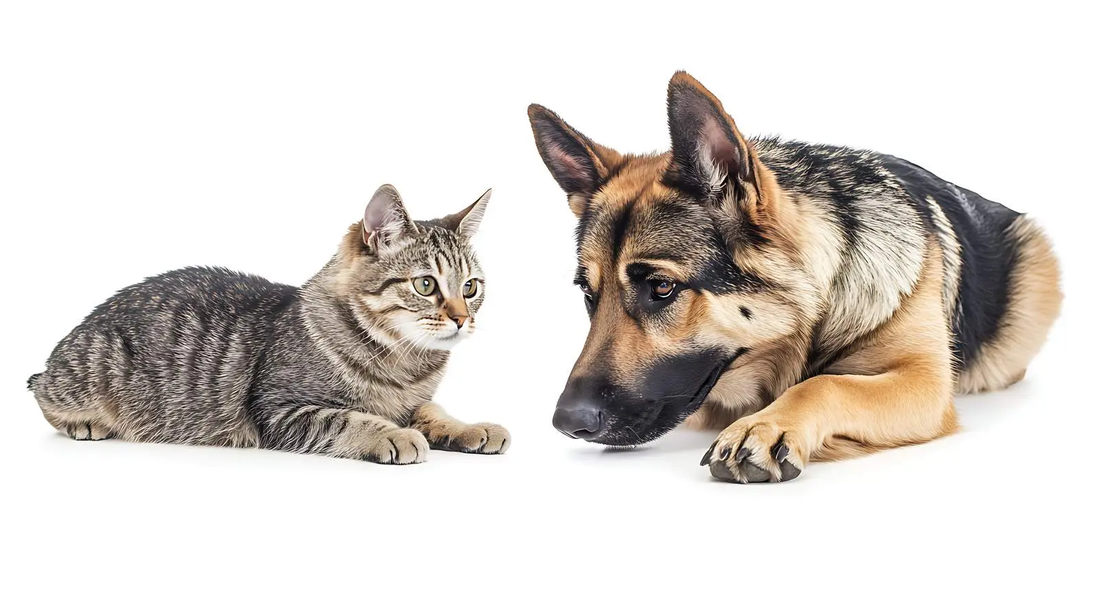 Playful Cat and German Shepherd on White Background — free download from Dotvec