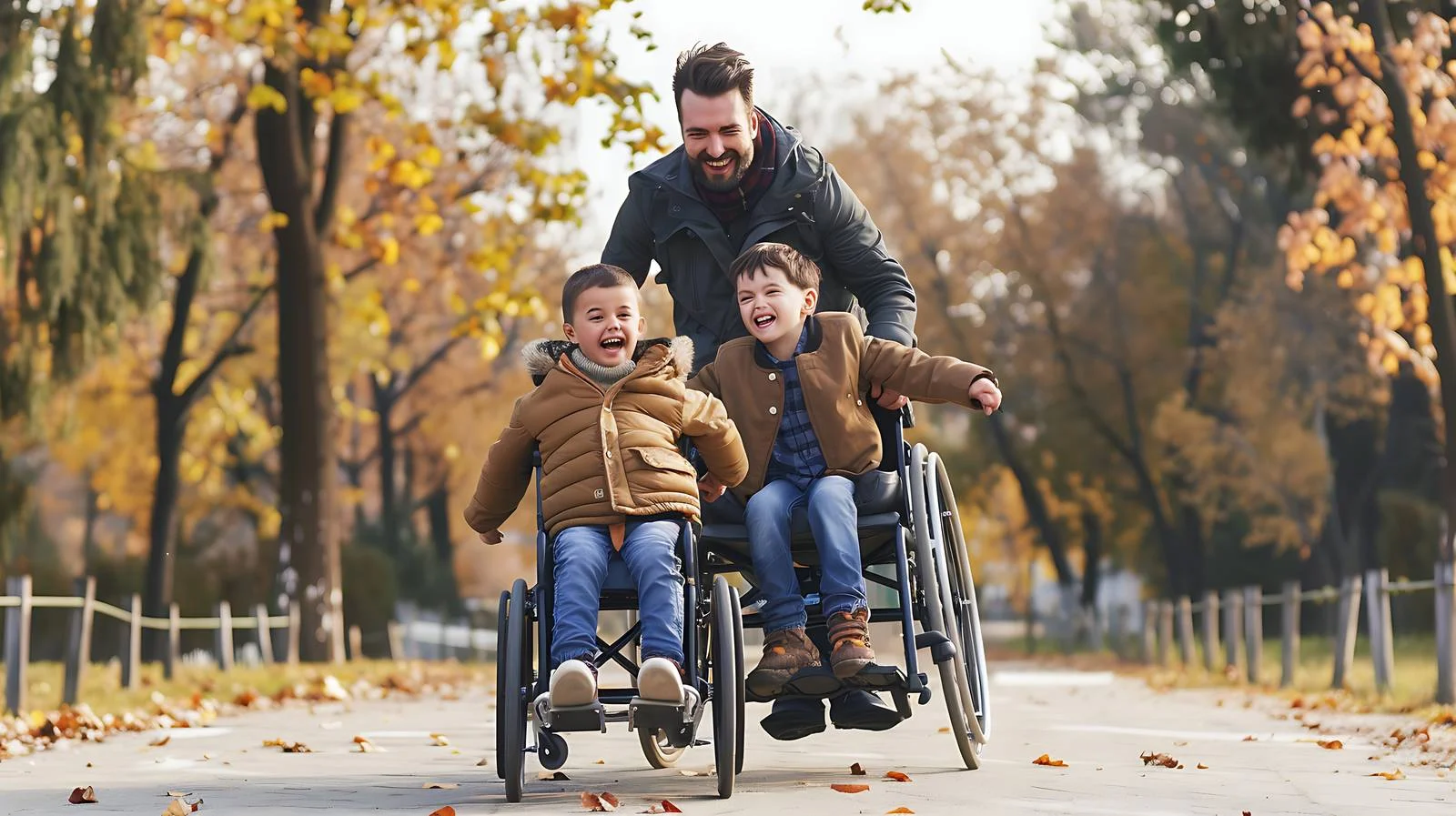 Joyful father and sons on wheelchair adventure — free download from Dotvec