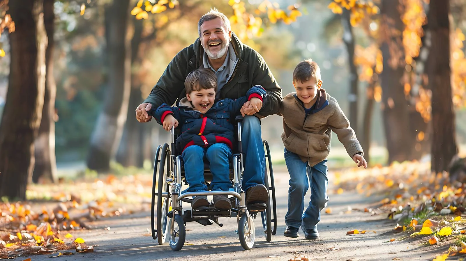 Joyful father and kids in wheelchair adventure — free download from Dotvec