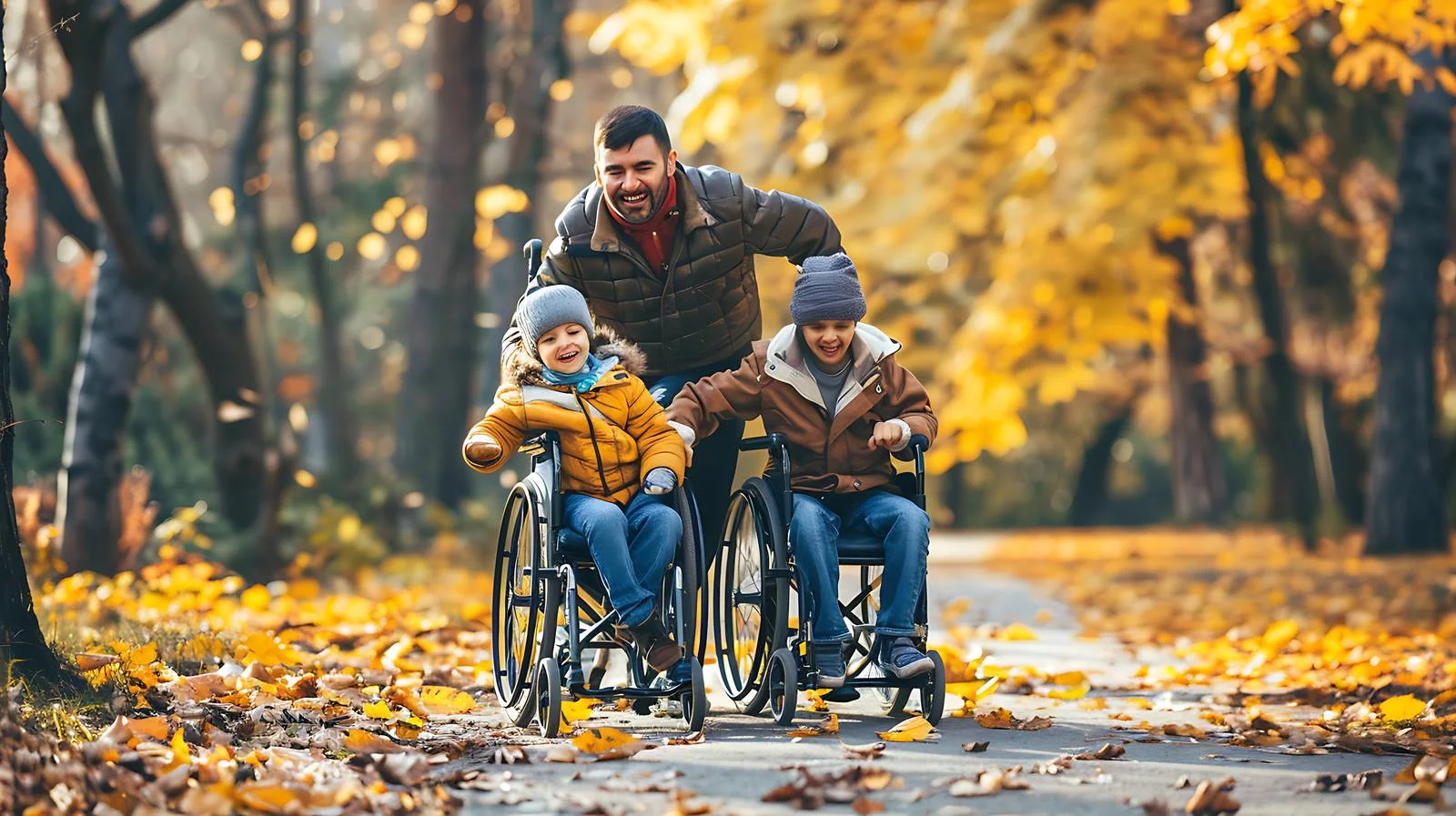 Father joyfully wheeling sons in wheelchair — free download from Dotvec