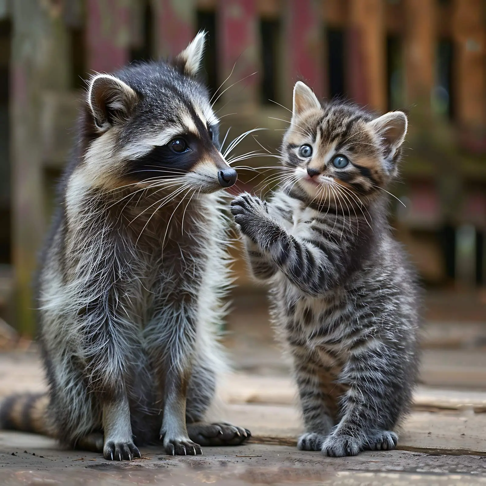 Playful Raccoon with Funny Scottish Straight Kitten — free download from Dotvec