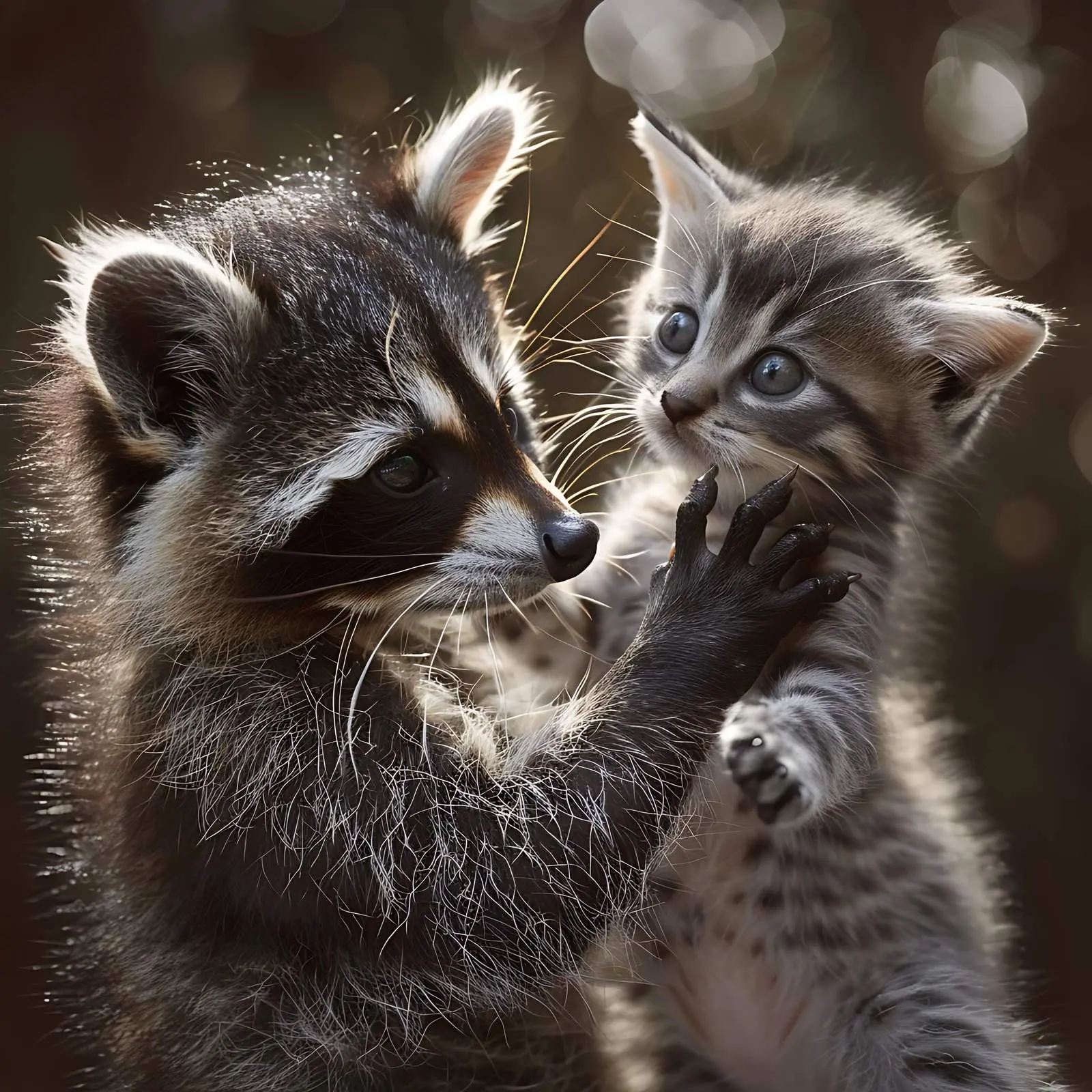 Playful Raccoon with Funny Scottish Kitten — free download from Dotvec