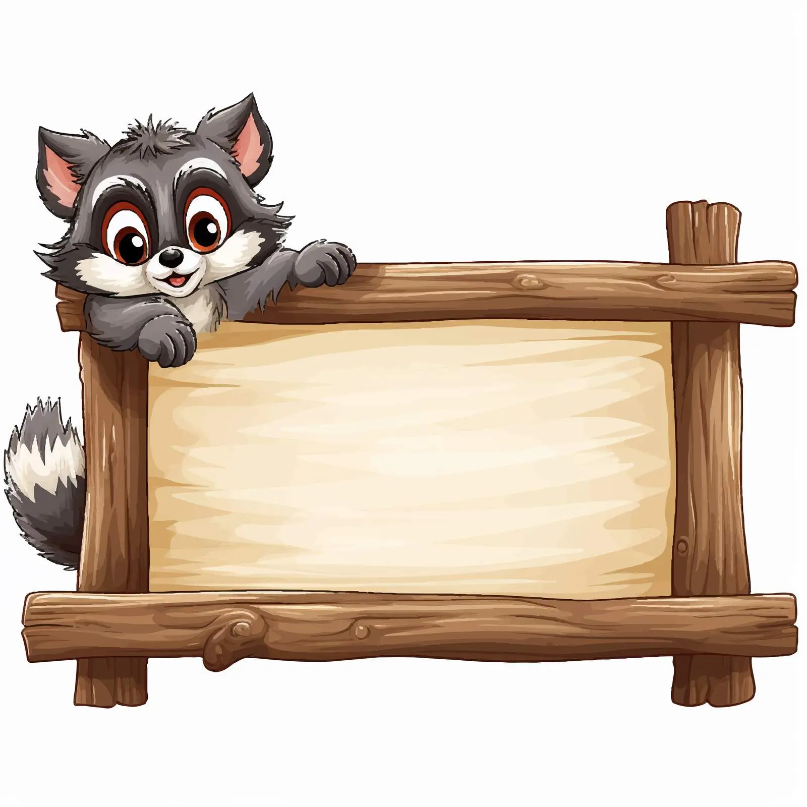 Playful Raccoon Behind Wooden Board Frame — free download from Dotvec