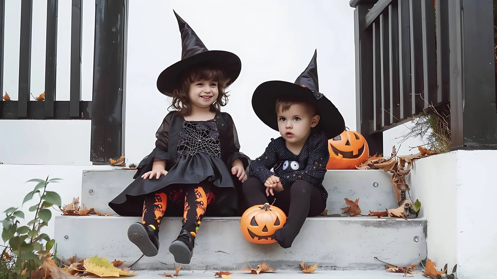 Joyful siblings in Halloween outfits sit on street — free download from Dotvec
