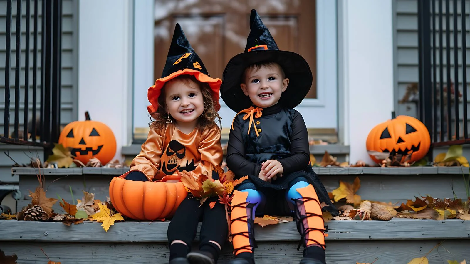 Joyful children in Halloween attire relaxing outdoors — free download from Dotvec