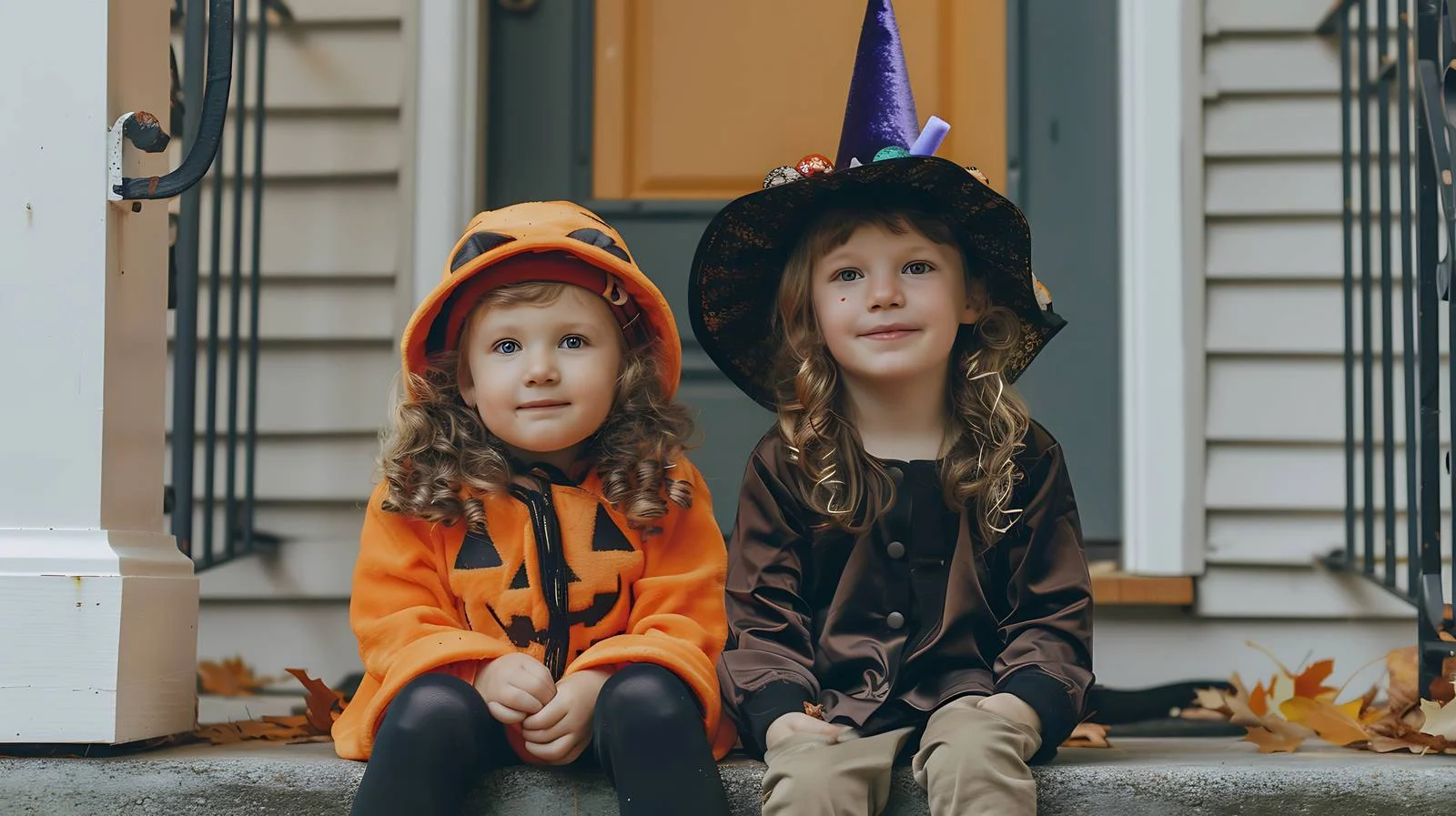 Joyful kids in Halloween outfits sit on street — free download from Dotvec