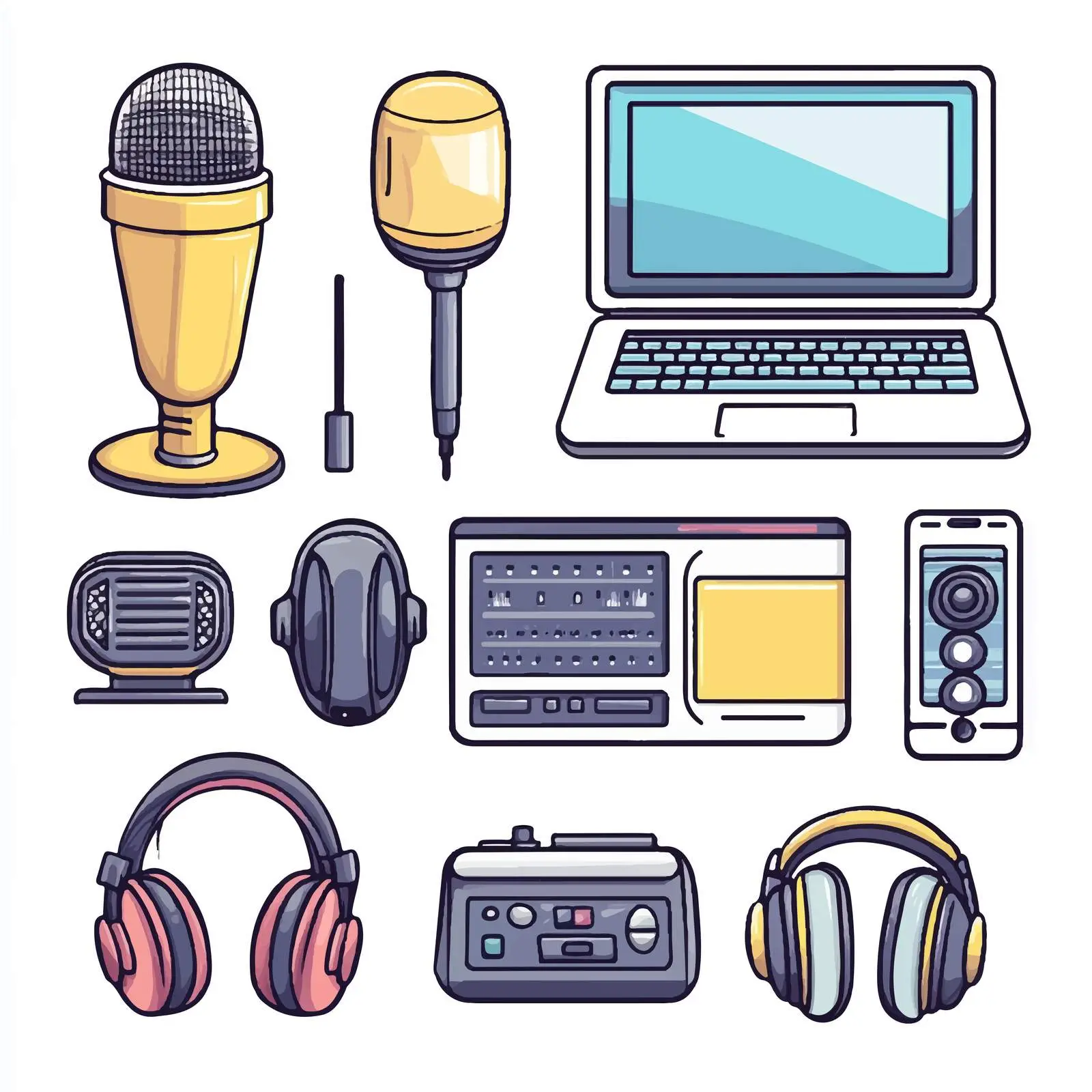 Podcast Equipment Vector Set with Microphone and Laptop – free recording image from Dotvec
