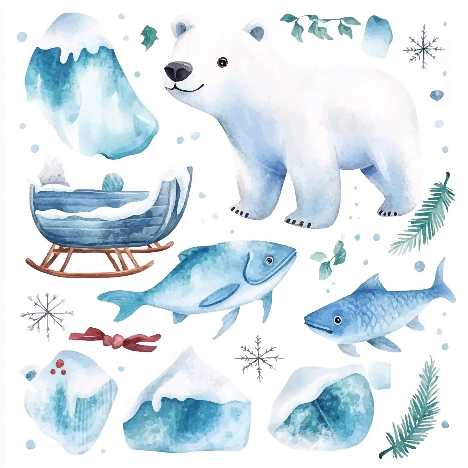Polar Bear Watercolor Sleigh on Ice Floe — free download from Dotvec