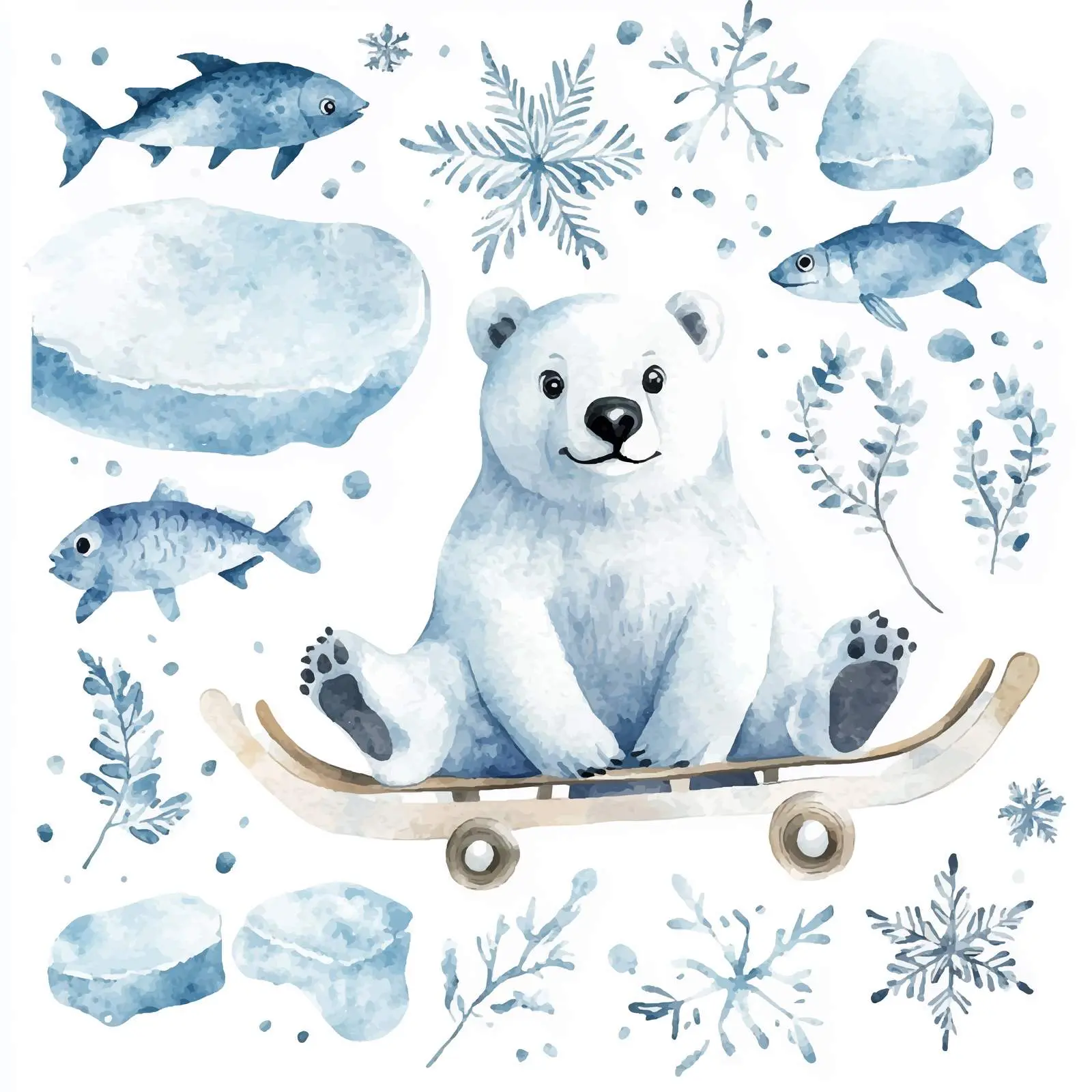 Watercolor Polar Bear on Ice Floe with Snowflakes – free polar bear image from Dotvec