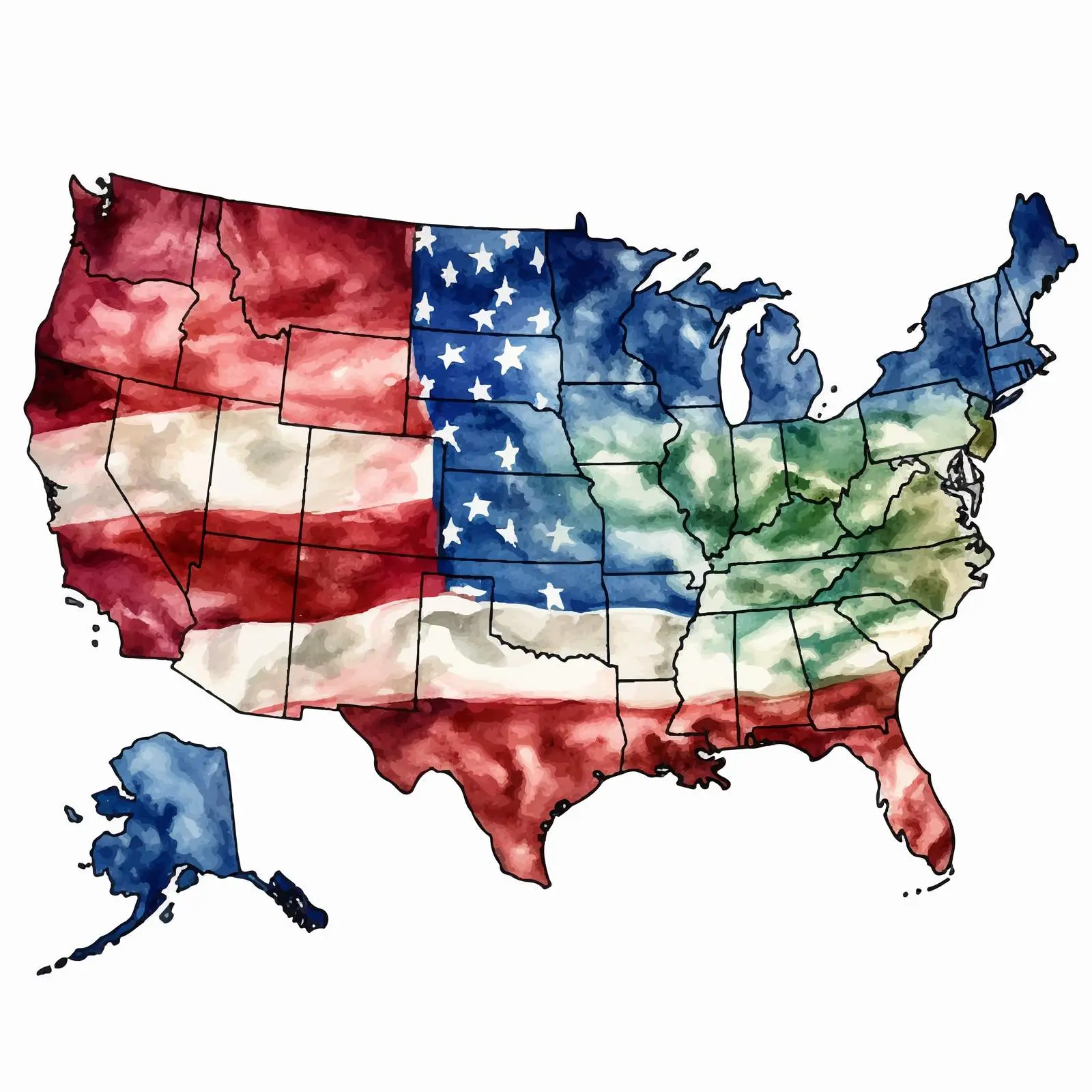Watercolor Political Divisions of the USA – free state borders image from Dotvec