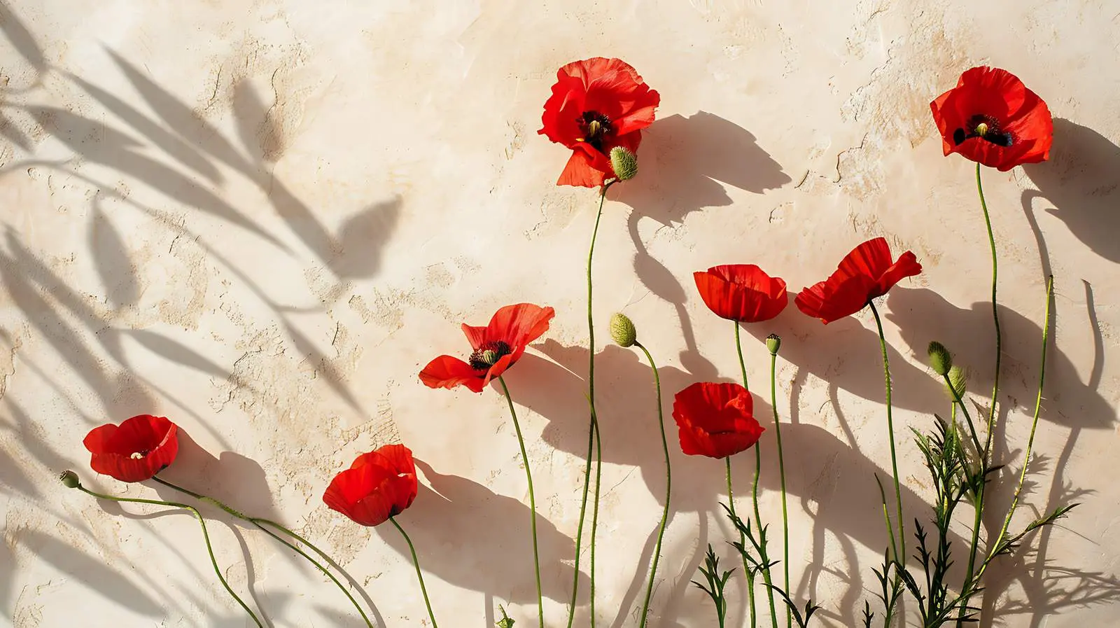 Poppy Stems and Sunlight Shadows on Beige Wall — free download from Dotvec