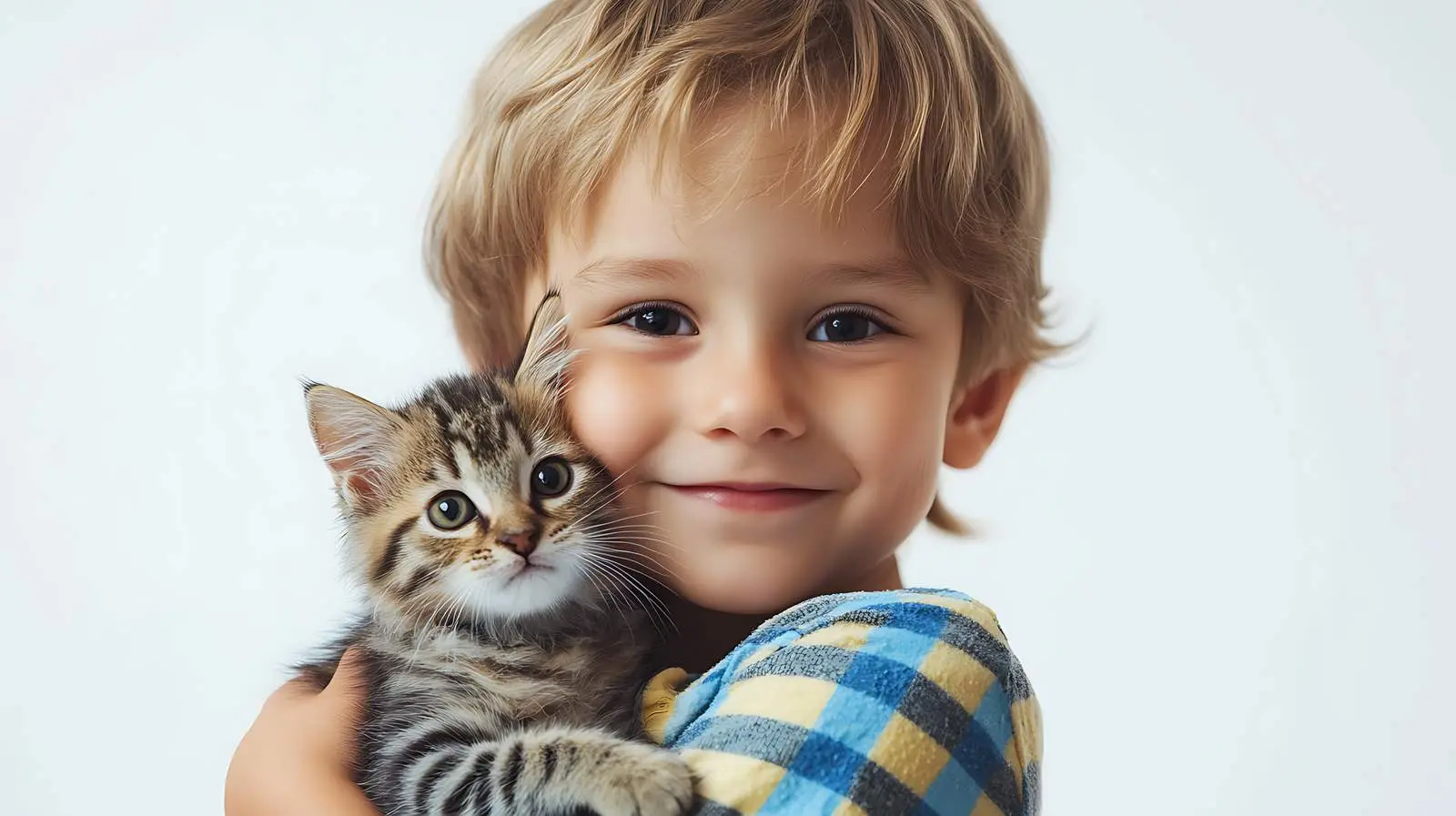 Beautiful Boy Holding Kitten in Arms – free aspect image from Dotvec
