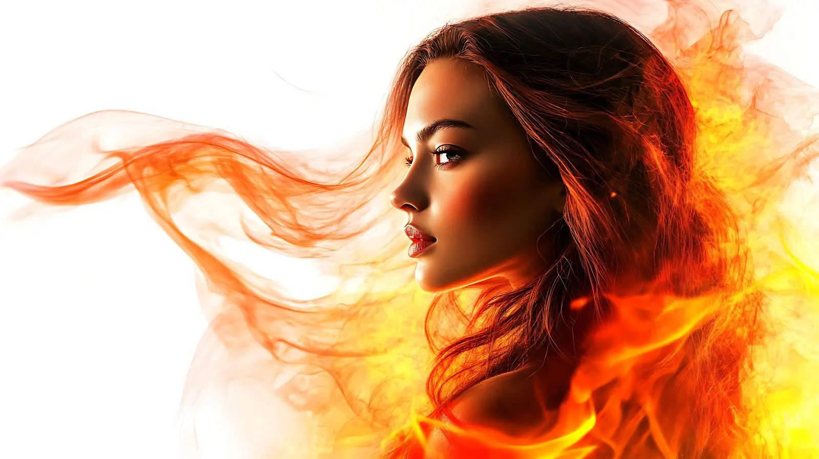 Young Woman Surrounded by Flames on White Background – free energetic image from Dotvec