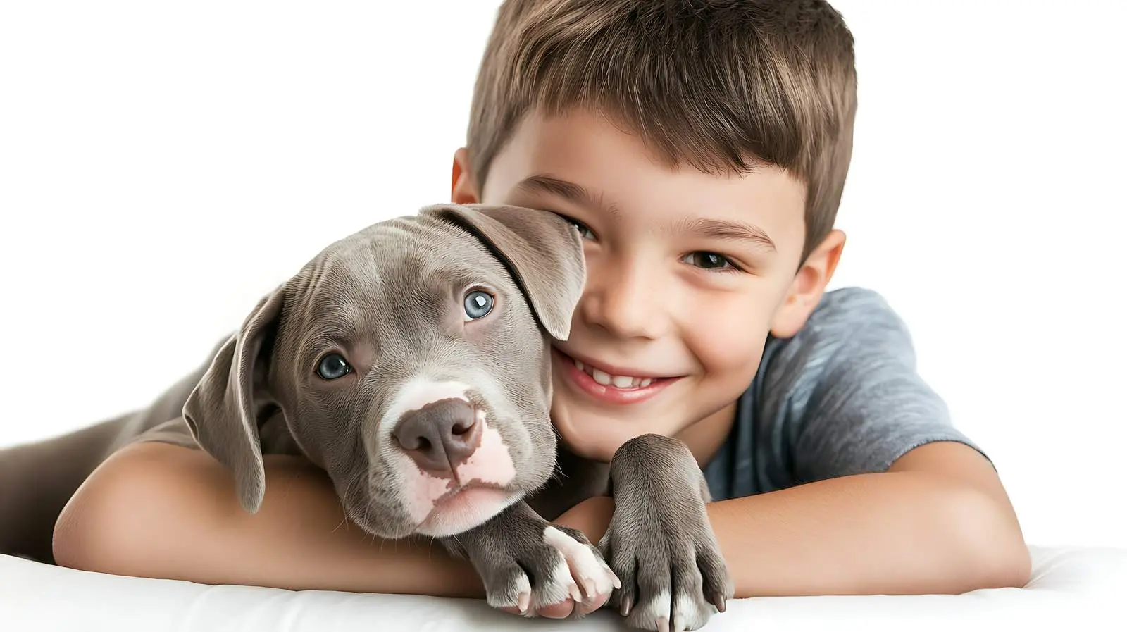 Boy Hugging a Puppy Pitbull on White Background – free hugging image from Dotvec