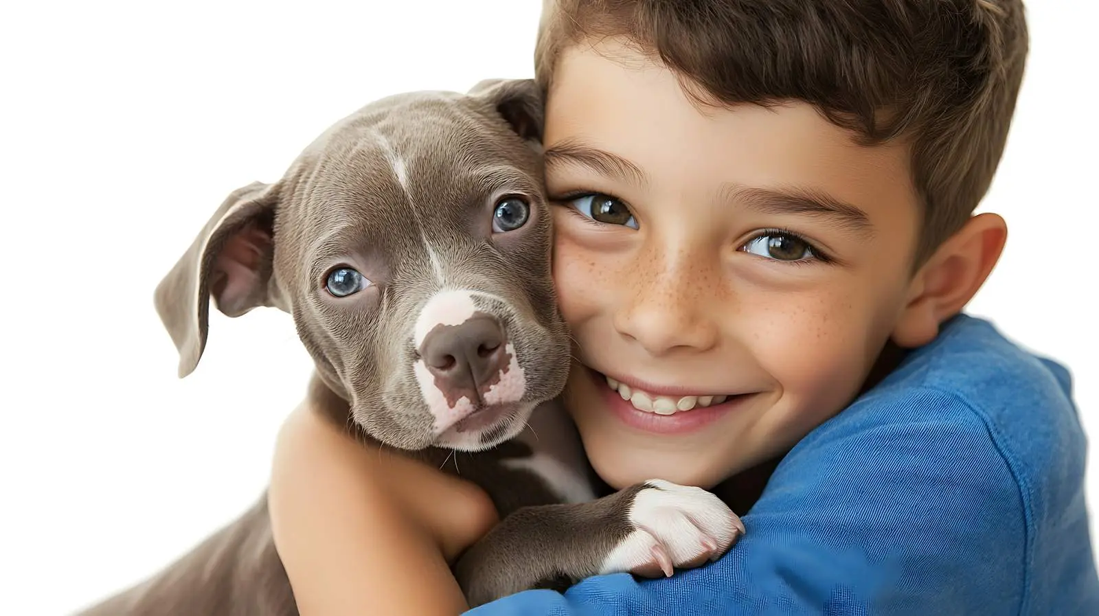 Boy Hugging Puppy Pitbull on White Background – free hugging image from Dotvec