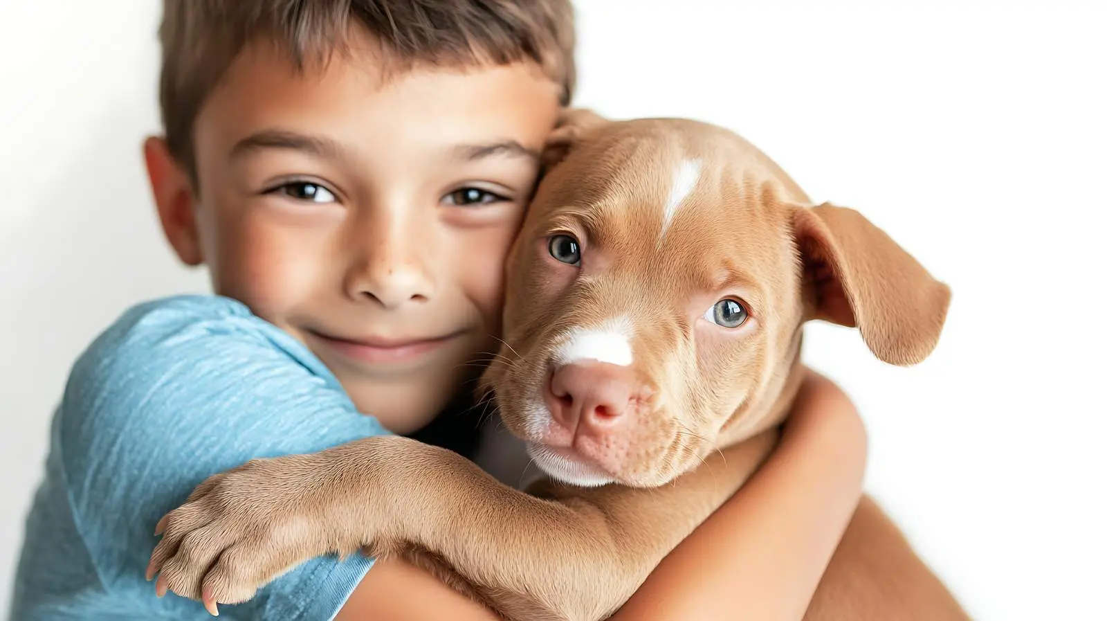 Boy Embracing a Puppy Pitbull on White Background — free download from Dotvec