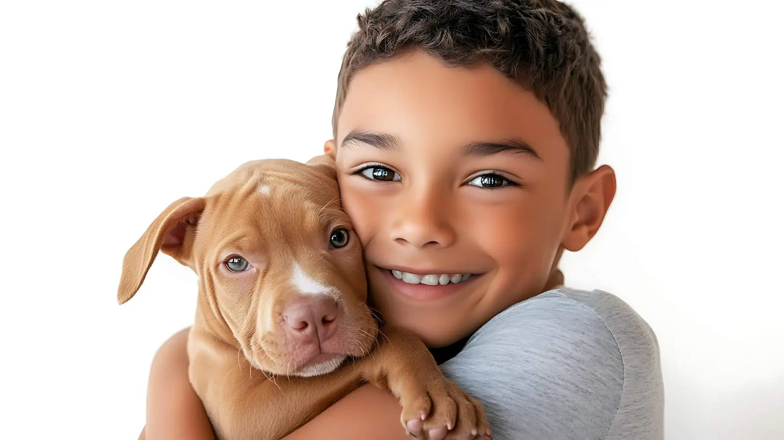 Boy Hugging Puppy Pitbull on White Background – free hugging image from Dotvec