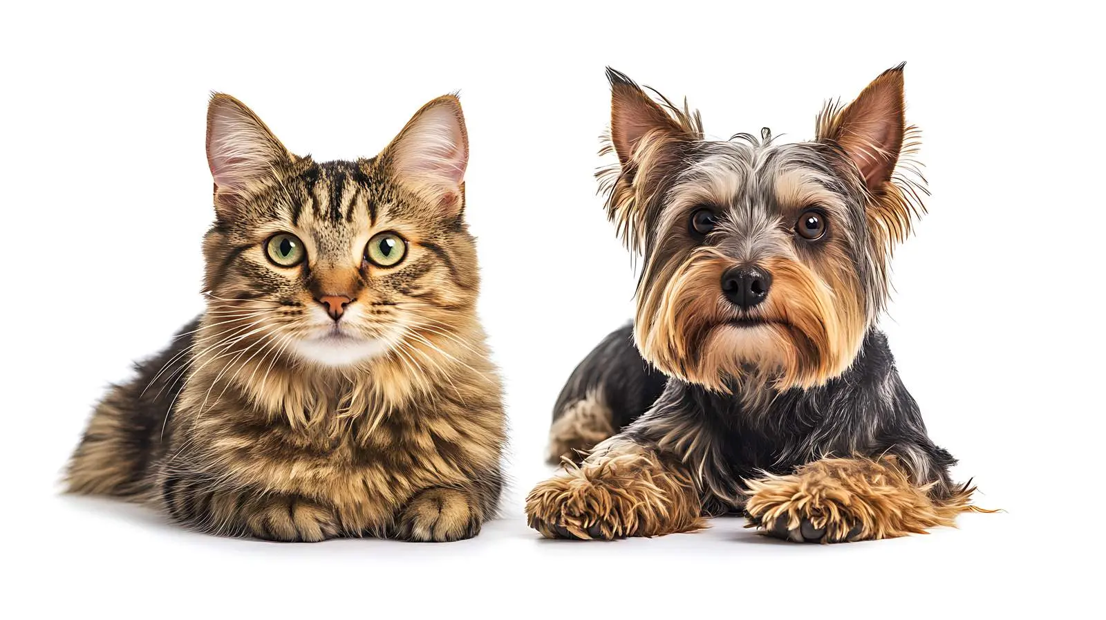 Scottish Straight Cat and Yorkshire Terrier Portrait – free feline friends image from Dotvec