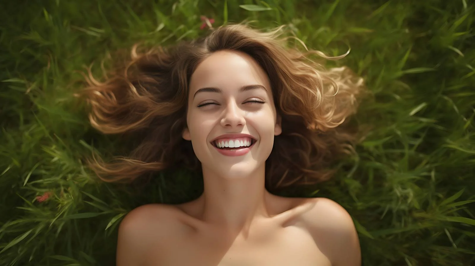 Joyful girl reclined on grass alone — free download from Dotvec