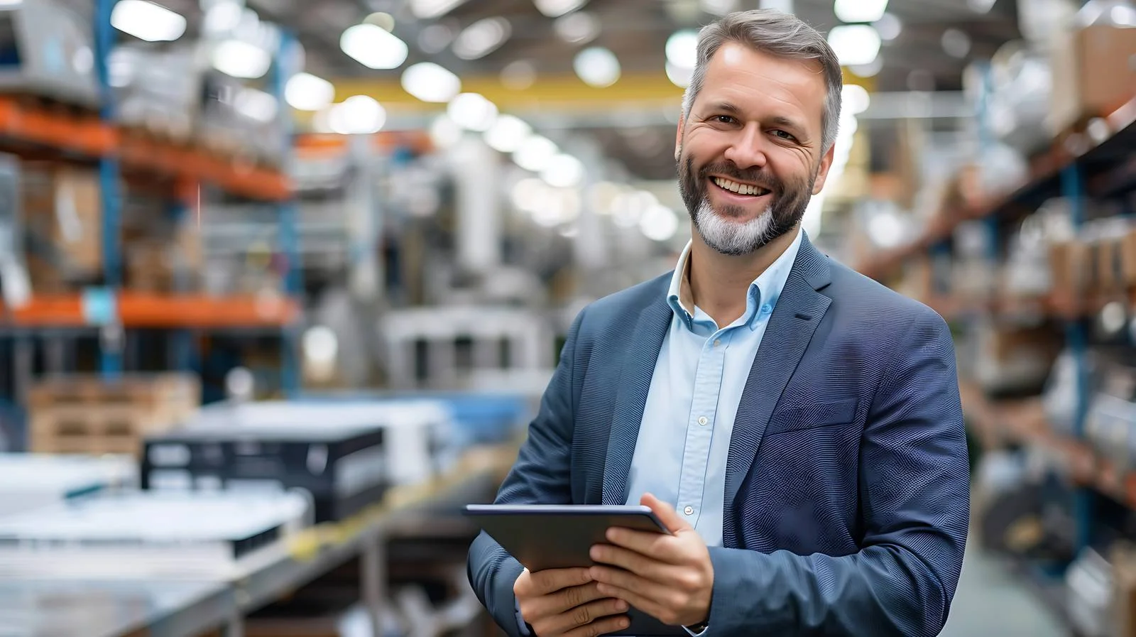 Joyful businessman using tablet in office setting — free download from Dotvec