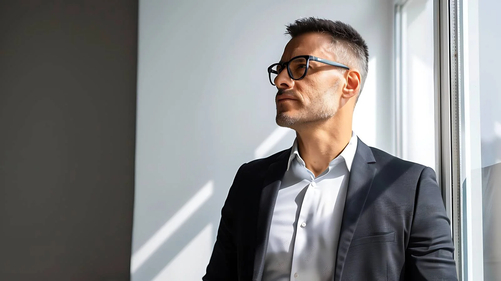 Contemplative businessman at office window — free download from Dotvec