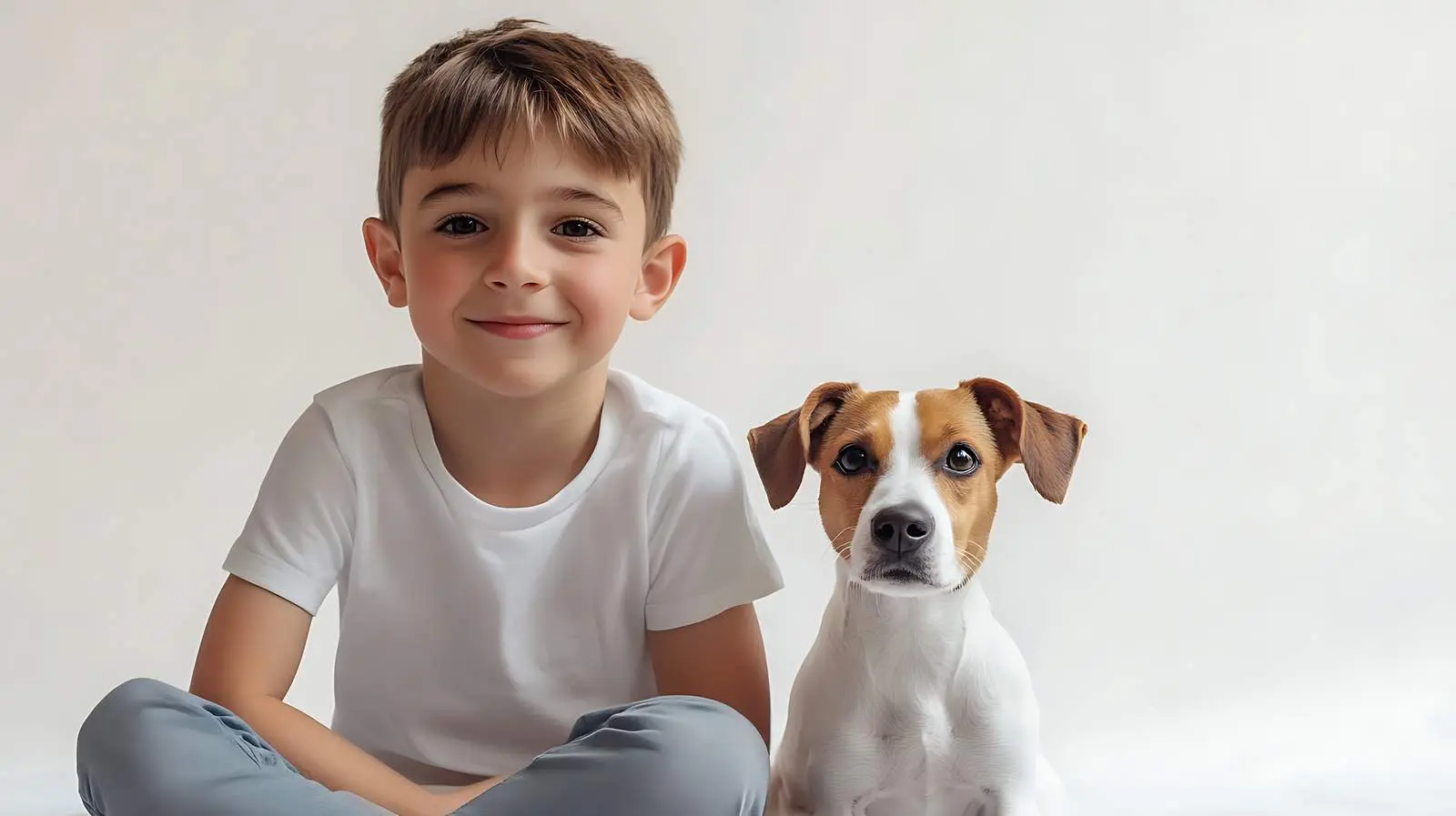 Cute Boy Sitting with Dog on White Background — free download from Dotvec