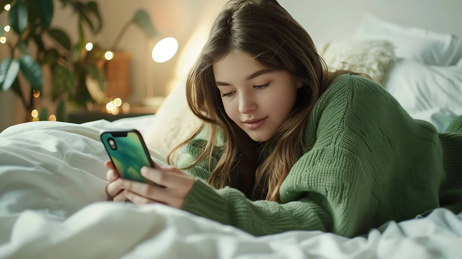 Serene girl relaxing on bed in green — free download from Dotvec