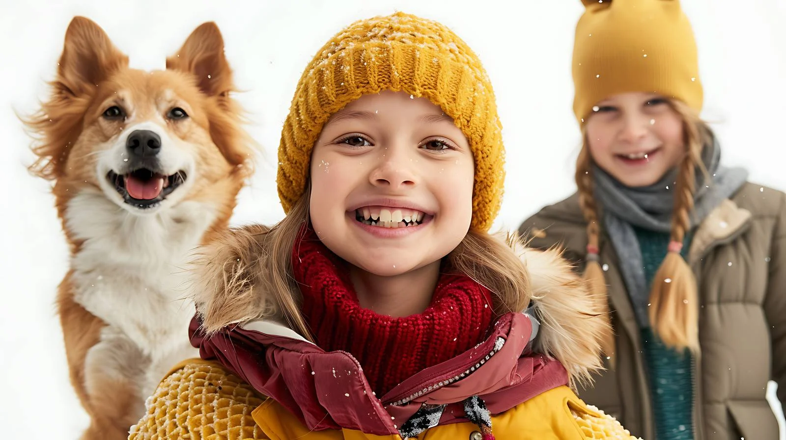 Winter Portrait of Happy Siblings with Dog — free download from Dotvec