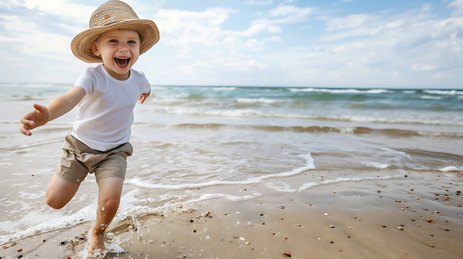Joyful young boy playing on beach shore — free download from Dotvec
