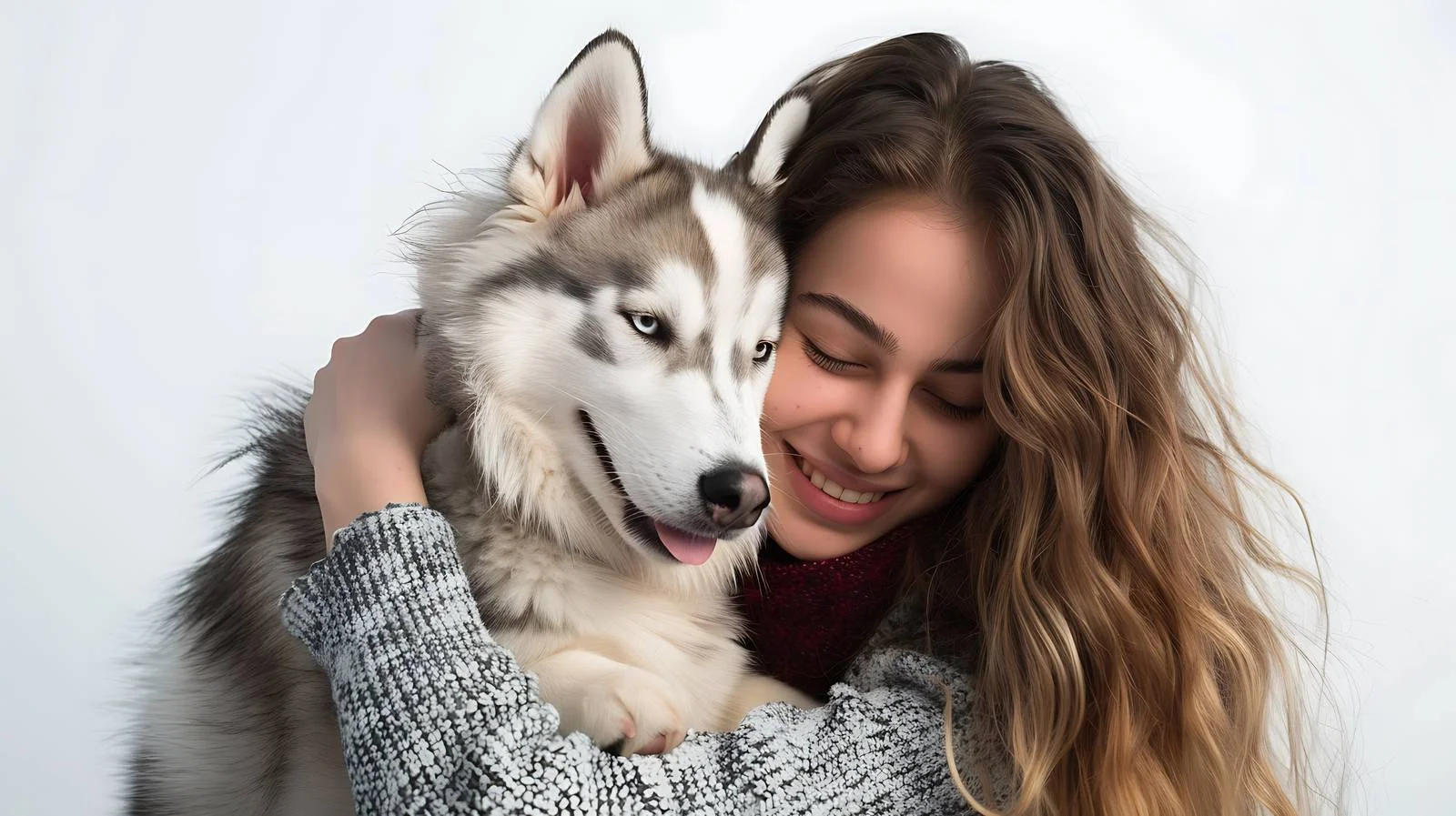 Joyful woman embracing husky dog in isolation — free download from Dotvec