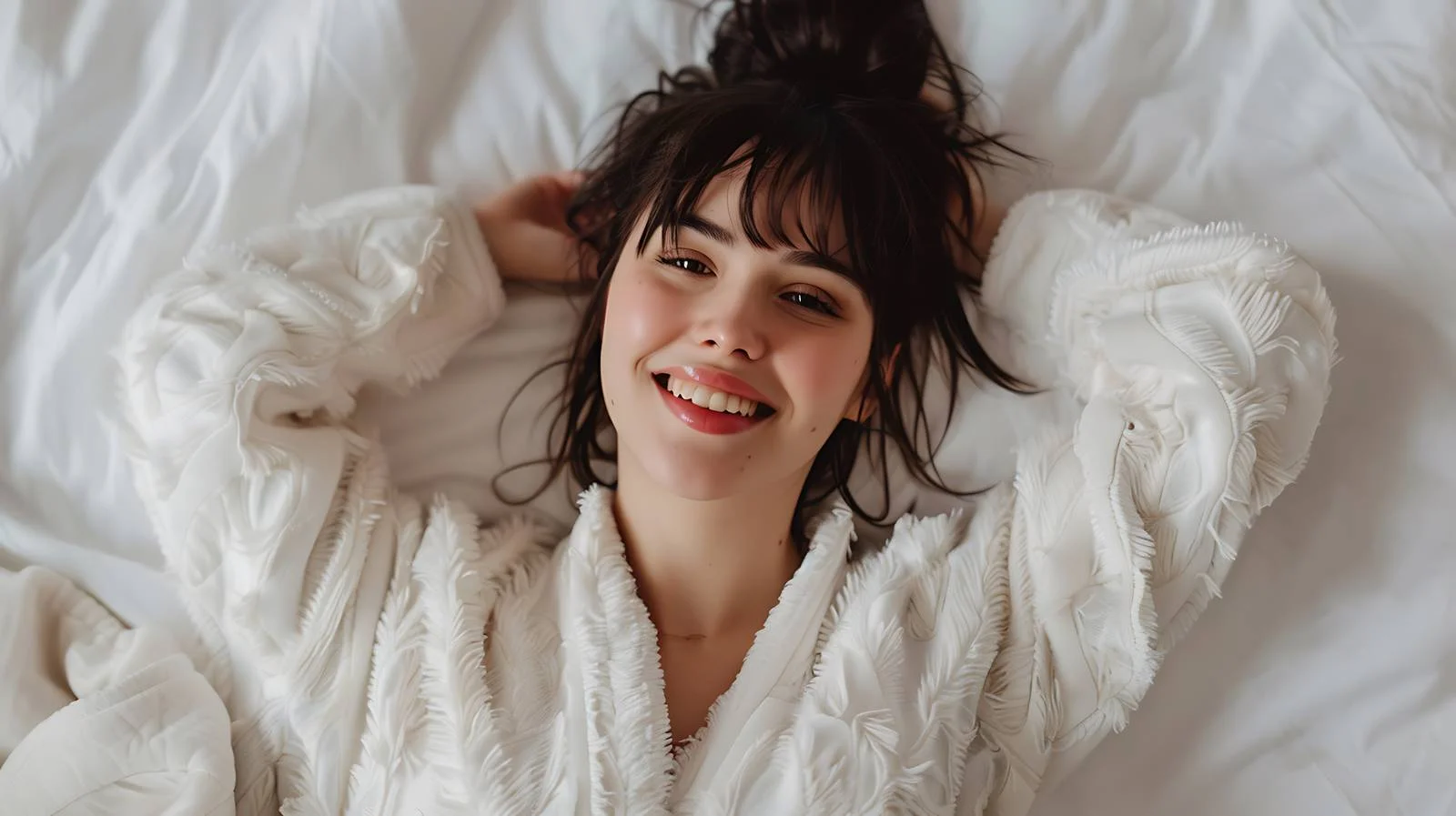 Joyful Woman in Robe Lying Down — free download from Dotvec