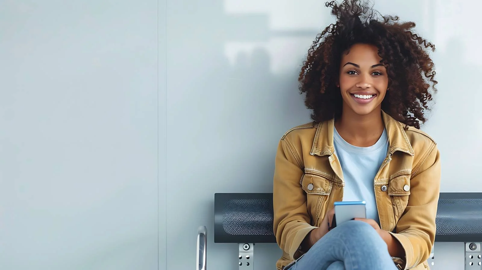 Joyful Young Woman Sitting in Waiting Area — free download from Dotvec