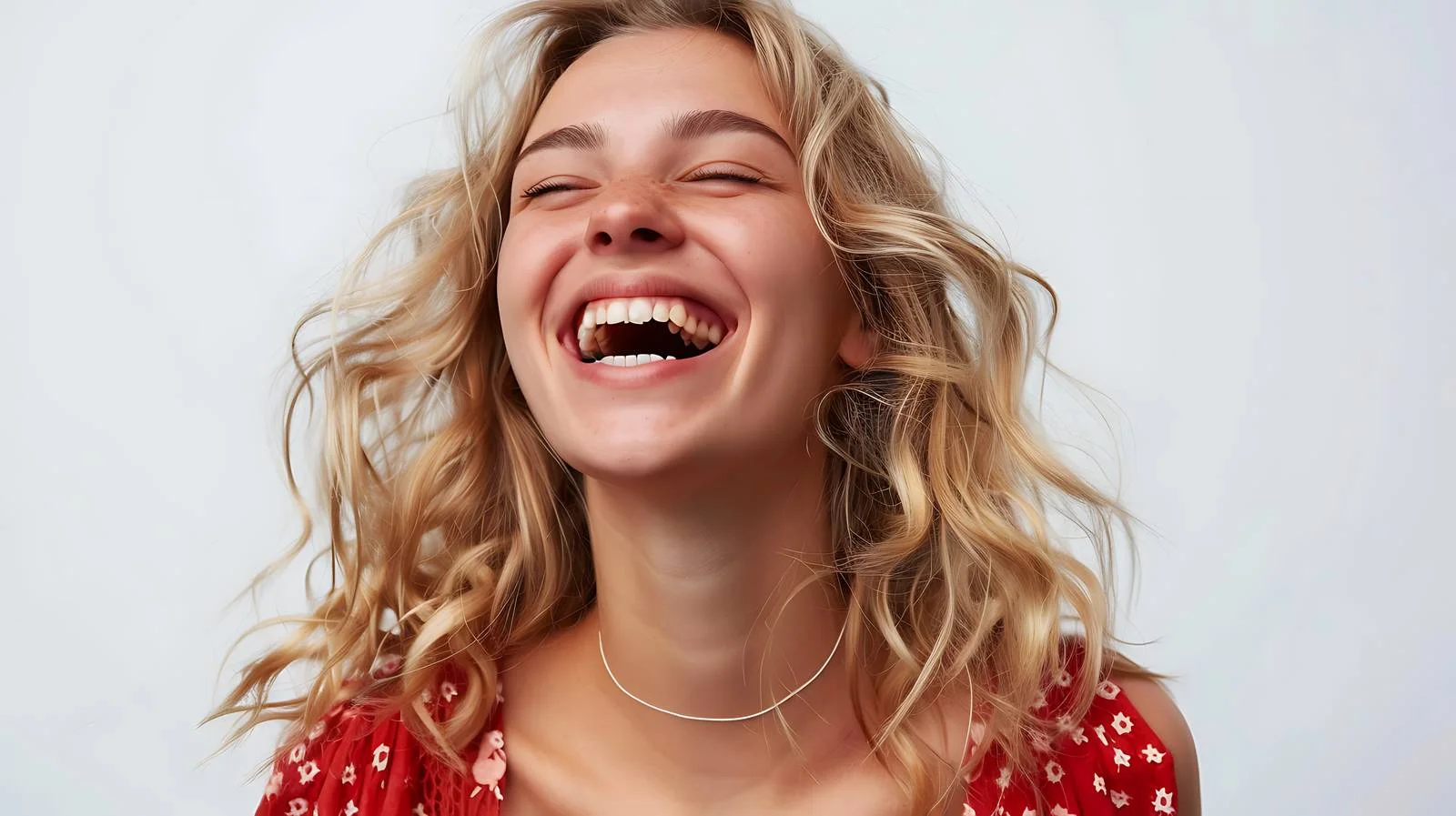 Cheerful Blonde Woman on White Background — free download from Dotvec
