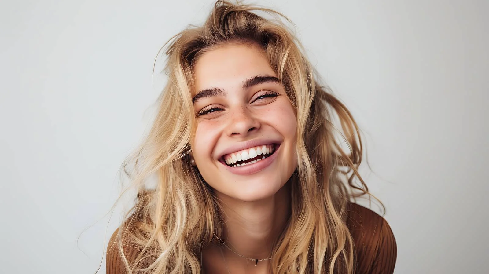 Cheerful Blond Woman on White Background — free download from Dotvec