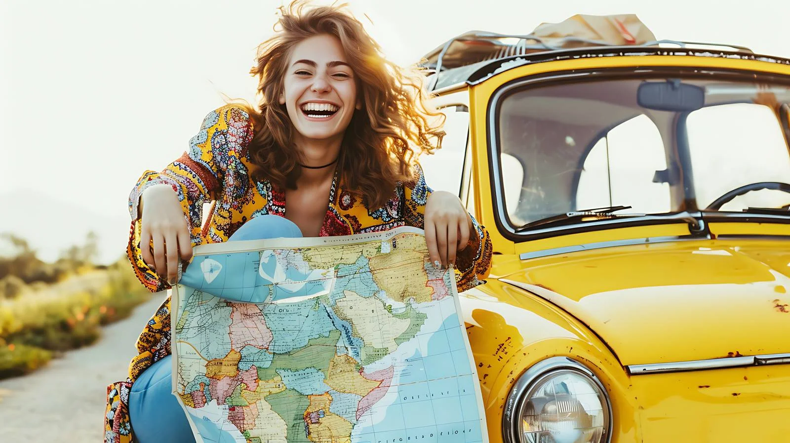 Cheerful Woman with Map on Bumper — free download from Dotvec
