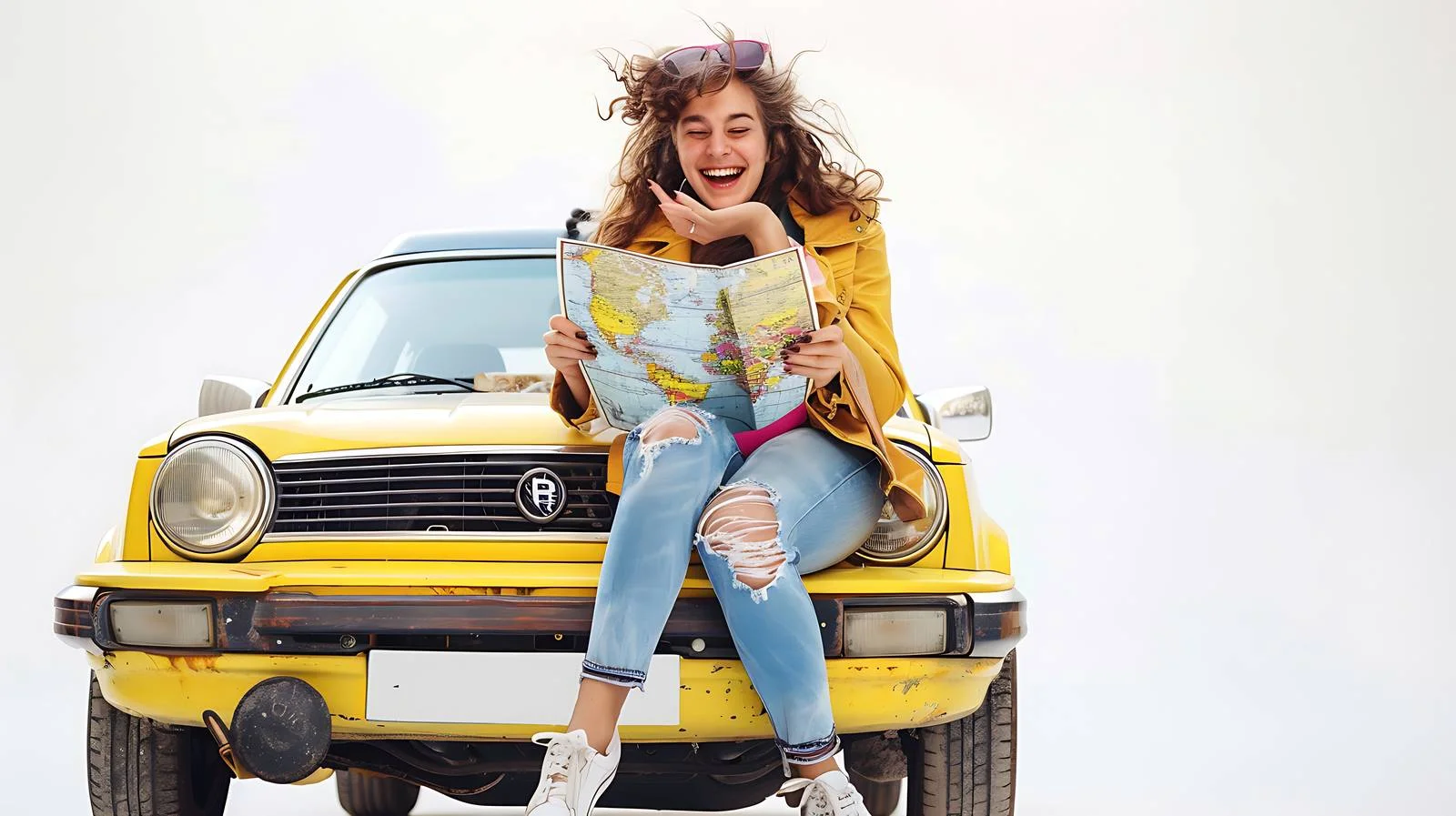 Joyful Woman with Map Sitting Outdoors — free download from Dotvec