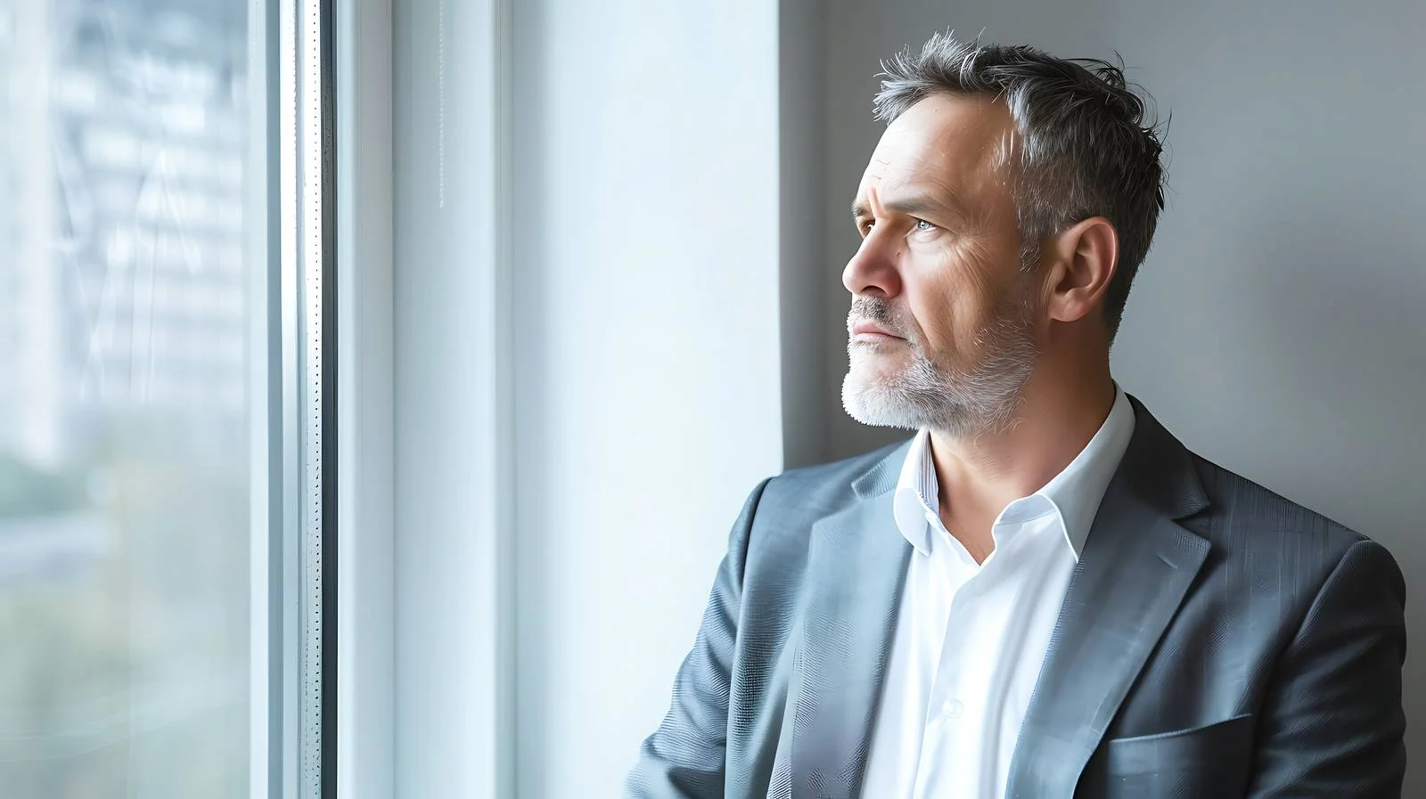 Contemplative businessman at office window — free download from Dotvec